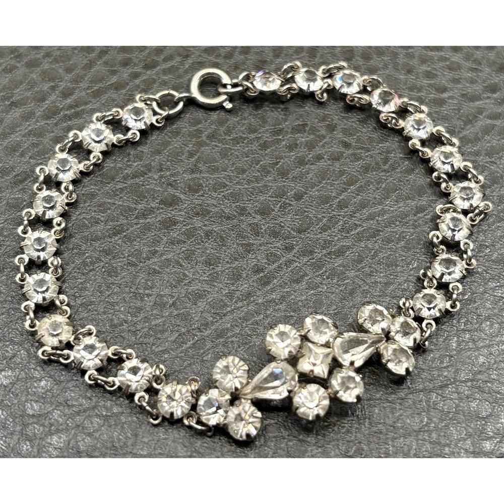 Vintage Art Deco Era Bracelet Clear Open Back Crystal Station Link Silver Tone